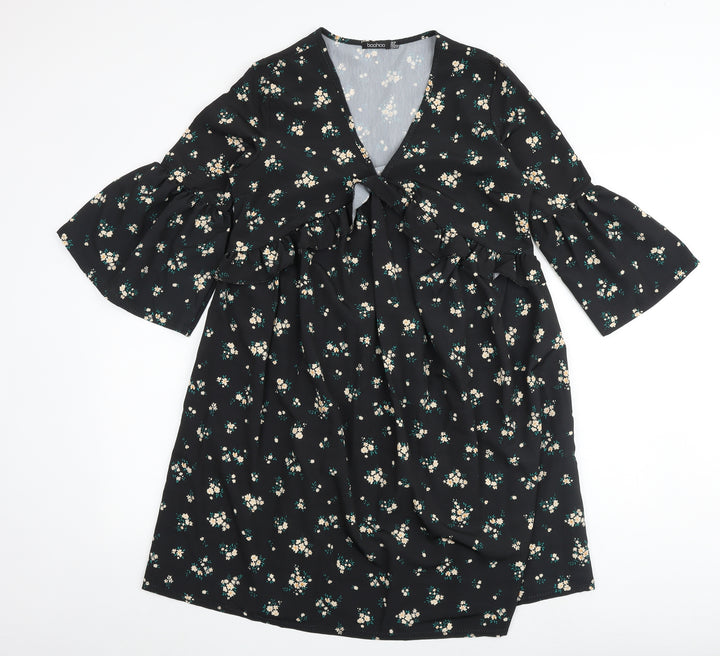 Boohoo Womens Black Floral Polyester A-Line Size 10 V-Neck - Flute Sleeve