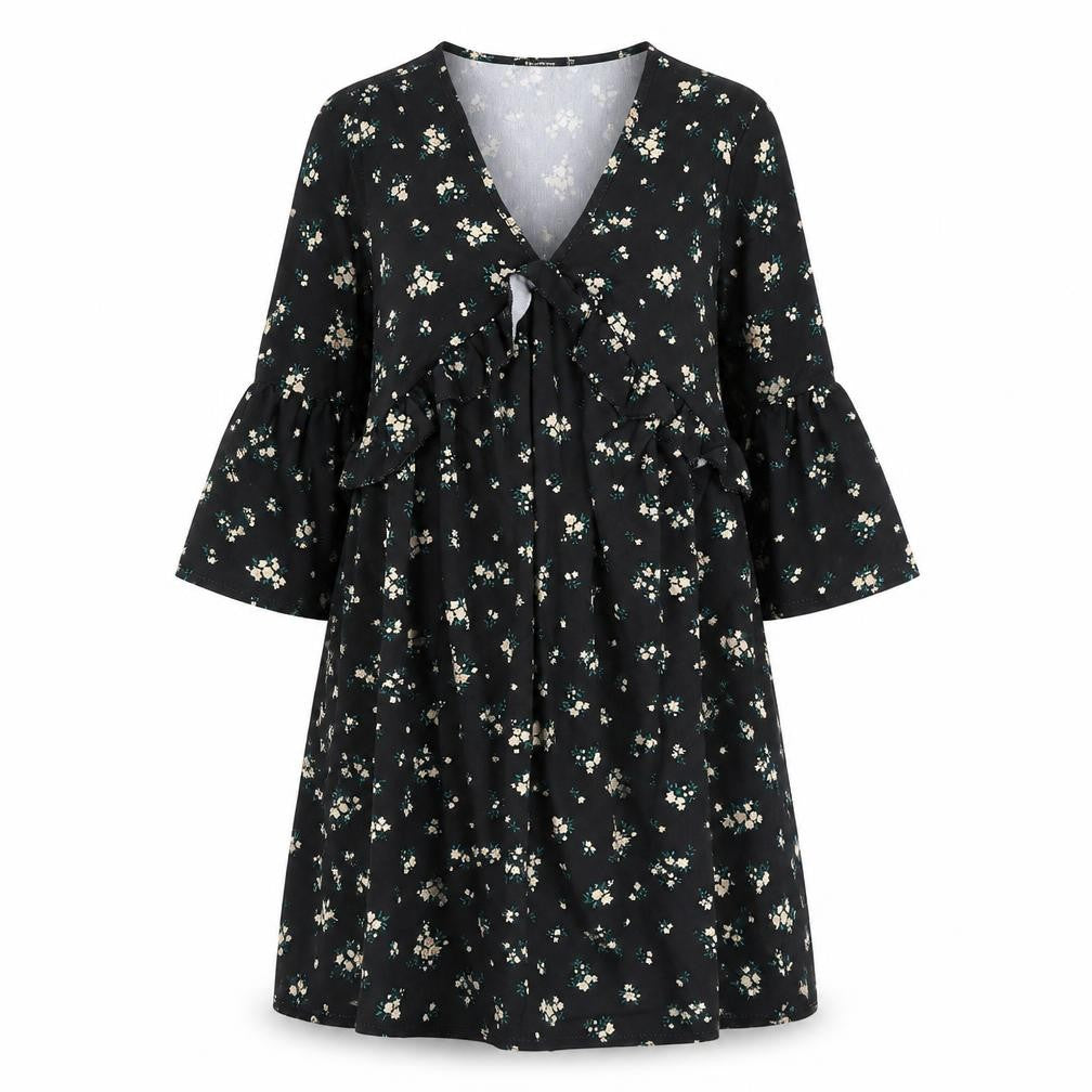 Boohoo Womens Black Floral Polyester A-Line Size 10 V-Neck - Flute Sleeve