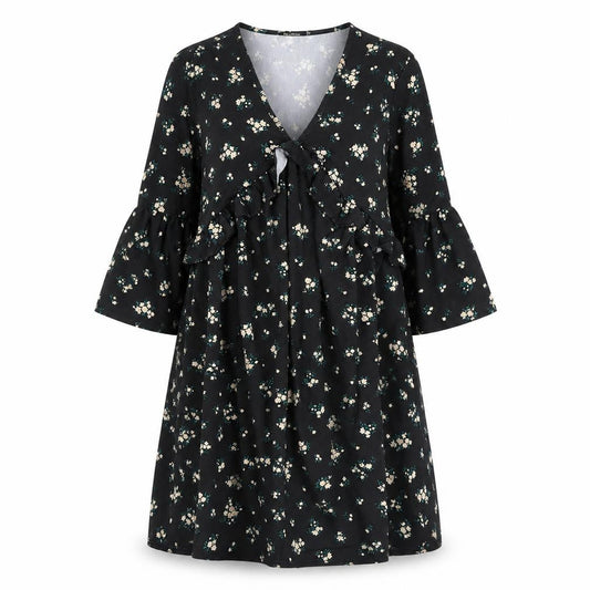 Front view of Boohoo women’s black floral polyester a-line, size UK 10, v-neck - flute sleeve
