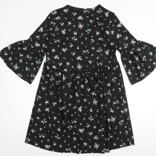 Boohoo Womens Black Floral Polyester A-Line Size 10 V-Neck - Flute Sleeve