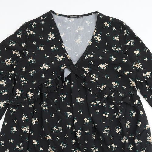 Boohoo Womens Black Floral Polyester A-Line Size 10 V-Neck - Flute Sleeve