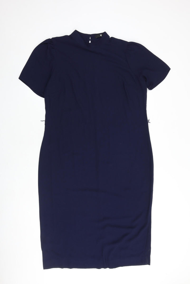 Very Womens Blue Polyester Pencil Dress Size 14 Mock Neck Button