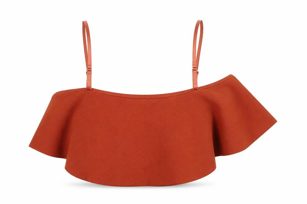 Front view of Quiz women’s orange polyester cropped tank, size UK 10, square neck