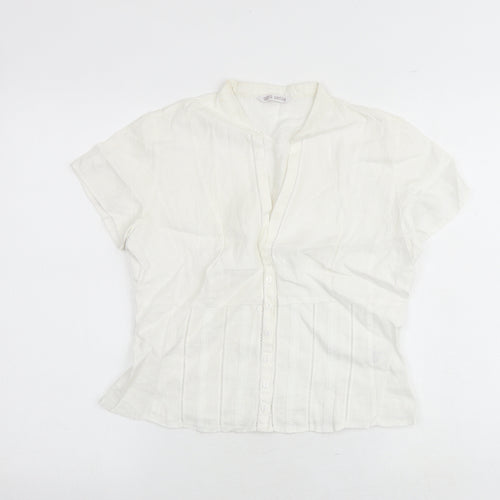Marks and Spencer Womens White Linen Basic Button-Up Size 12 Collared
