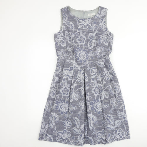 KEW 159 Womens Blue Geometric Viscose Skater Dress Size 10 Round Neck Zip