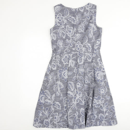 KEW 159 Womens Blue Geometric Viscose Skater Dress Size 10 Round Neck Zip
