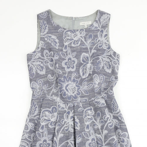 KEW 159 Womens Blue Geometric Viscose Skater Dress Size 10 Round Neck Zip