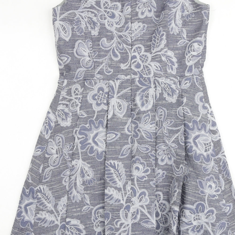 KEW 159 Womens Blue Geometric Viscose Skater Dress Size 10 Round Neck Zip