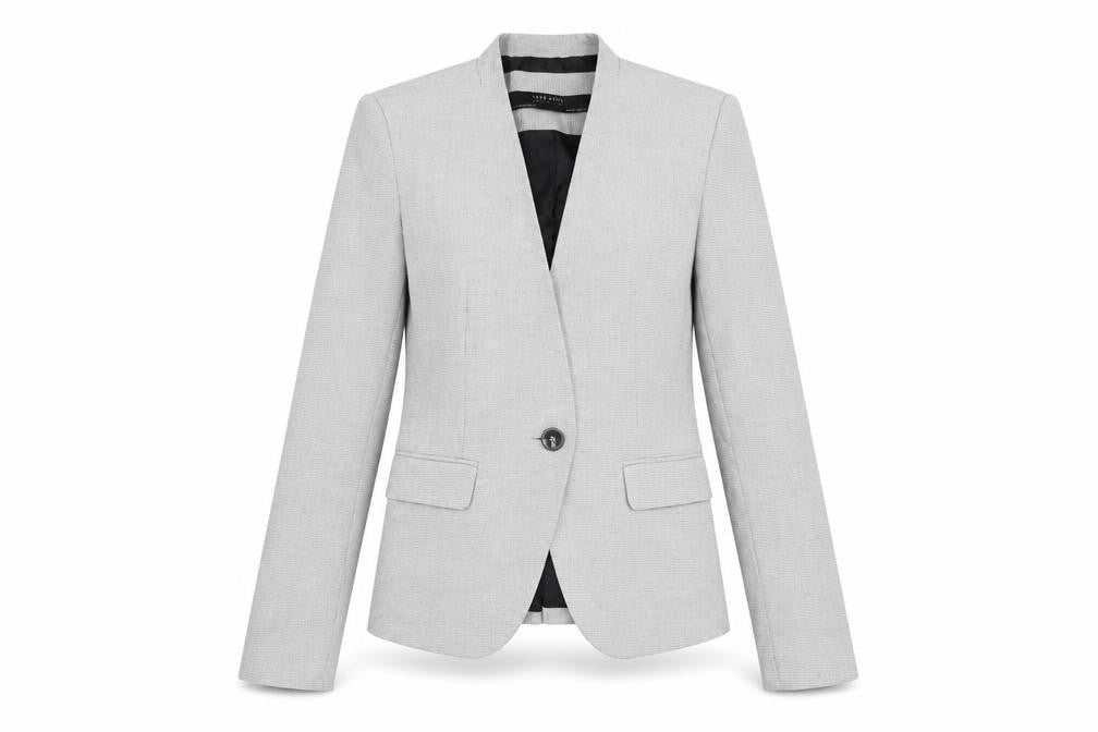 Front view of Zara women’s grey geometric polyester jacket blazer, size UK 6