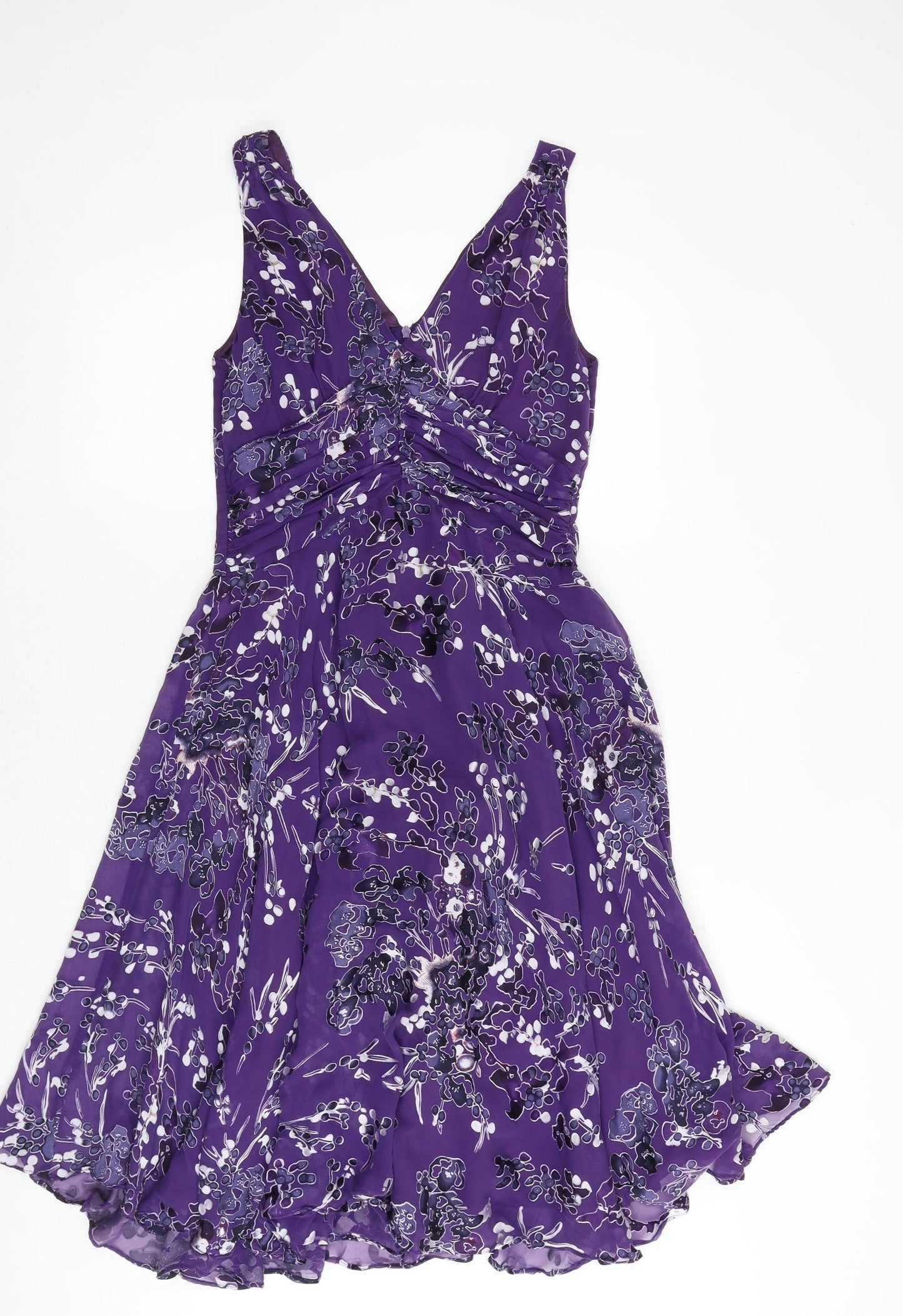 TWIGGY Womens Purple Geometric Silk A-Line Size 10 V-Neck Zip
