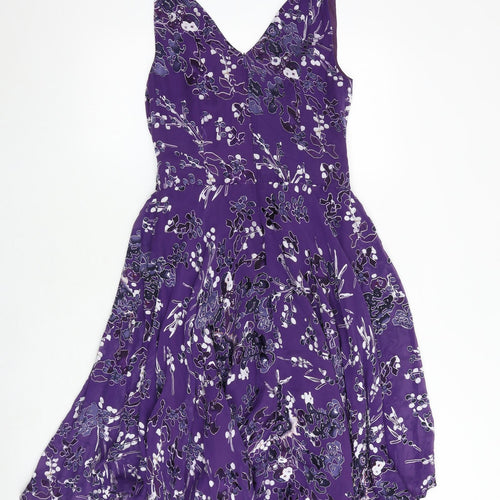 TWIGGY Womens Purple Geometric Silk A-Line Size 10 V-Neck Zip