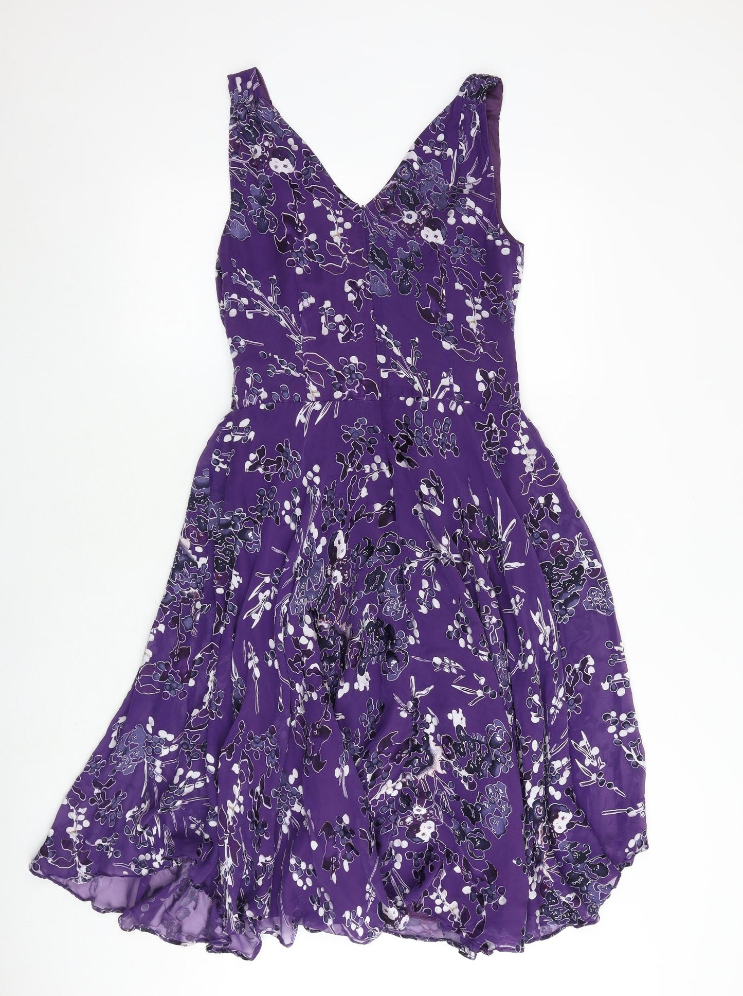 TWIGGY Womens Purple Geometric Silk A-Line Size 10 V-Neck Zip