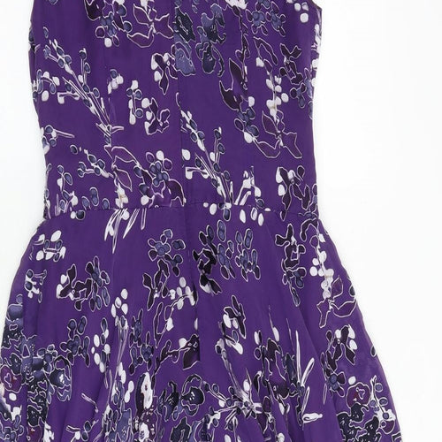 TWIGGY Womens Purple Geometric Silk A-Line Size 10 V-Neck Zip