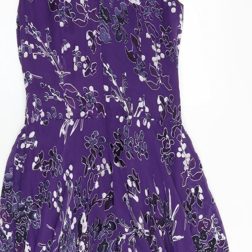 TWIGGY Womens Purple Geometric Silk A-Line Size 10 V-Neck Zip