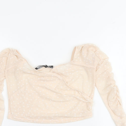 PRETTYLITTLETHING Womens Pink Polka Dot Polyester Cropped Blouse Size 8 V-Neck - Wrap Front Detail