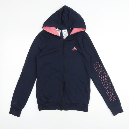 adidas Girls Blue Cotton Full Zip Hoodie Size 13-14 Years Zip