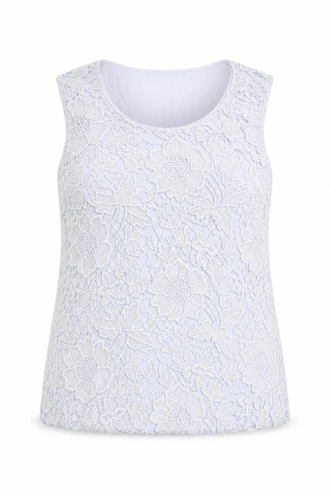 Front view of M&Co women’s blue polyester basic tank, size UK 20, boat neck - crocheted lace front