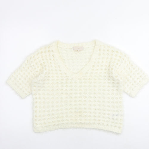 NEXT Womens White V-Neck Nylon Pullover Jumper Size M - Cropped