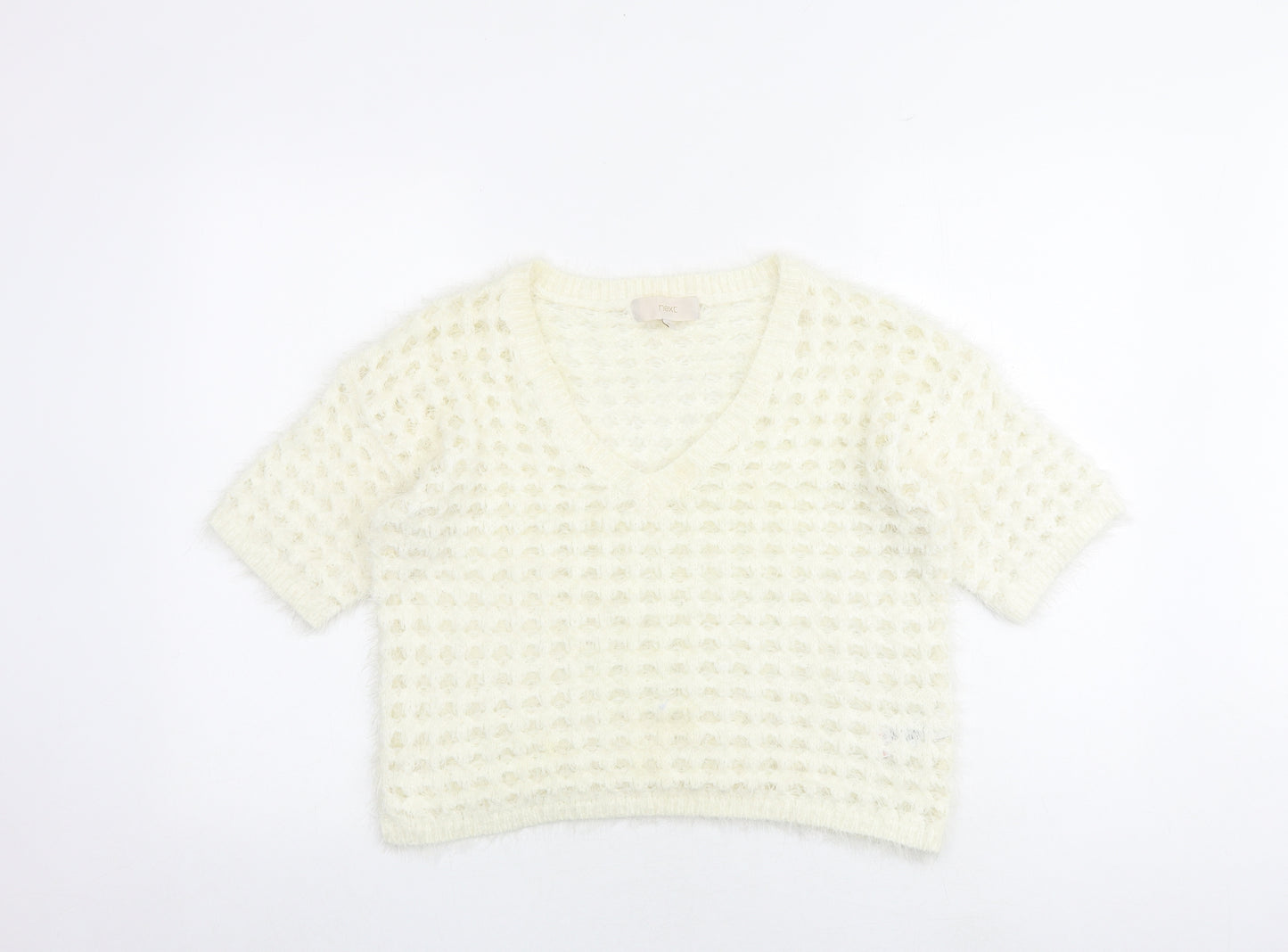 NEXT Womens White V-Neck Nylon Pullover Jumper Size M - Cropped
