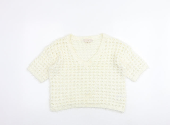 NEXT Womens White V-Neck Nylon Pullover Jumper Size M - Cropped