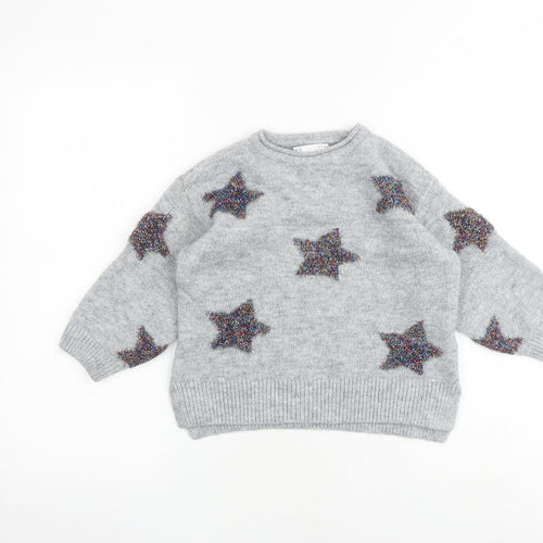 Marks and Spencer Girls Grey Round Neck Geometric Acrylic Pullover Jumper Size 5-6 Years Pullover - Star Pattern