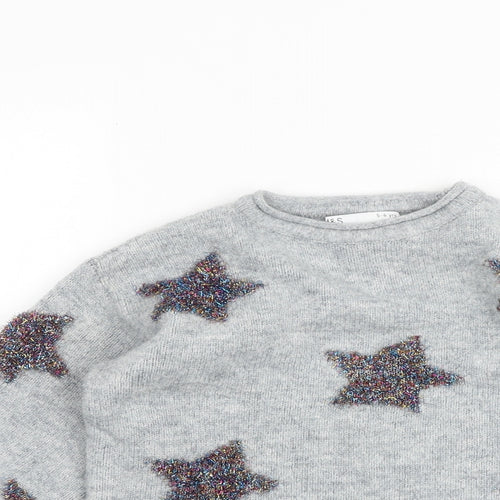Marks and Spencer Girls Grey Round Neck Geometric Acrylic Pullover Jumper Size 5-6 Years Pullover - Star Pattern