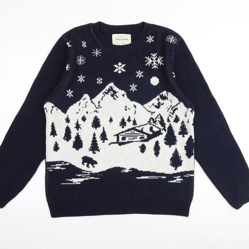River Island Mens Blue Round Neck Acrylic Pullover Jumper Size L Long Sleeve - Snow Cabin