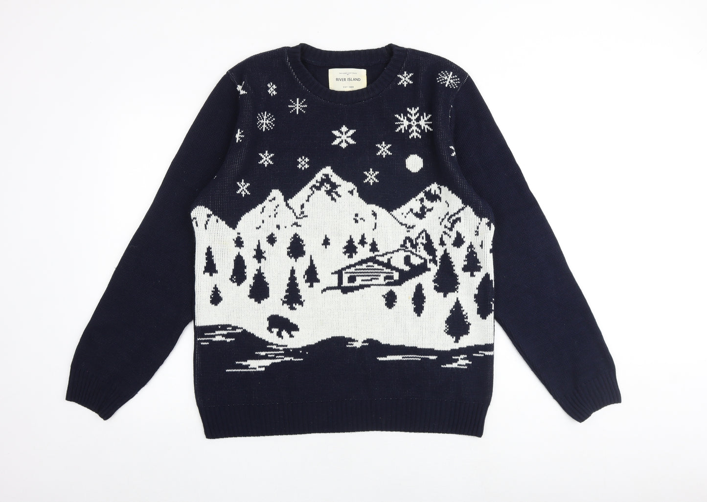 River Island Mens Blue Round Neck Acrylic Pullover Jumper Size L Long Sleeve - Snow Cabin