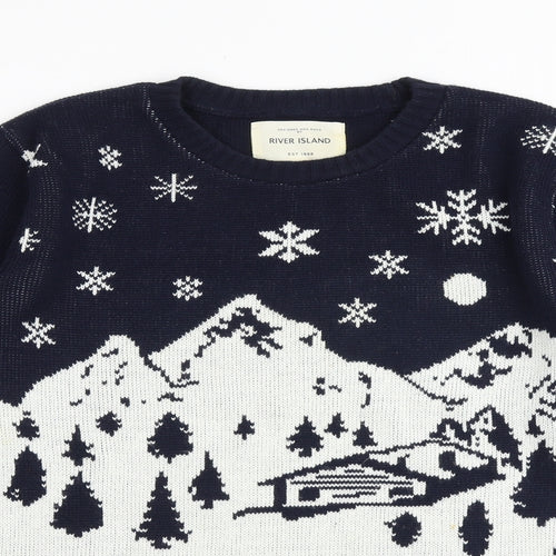 River Island Mens Blue Round Neck Acrylic Pullover Jumper Size L Long Sleeve - Snow Cabin