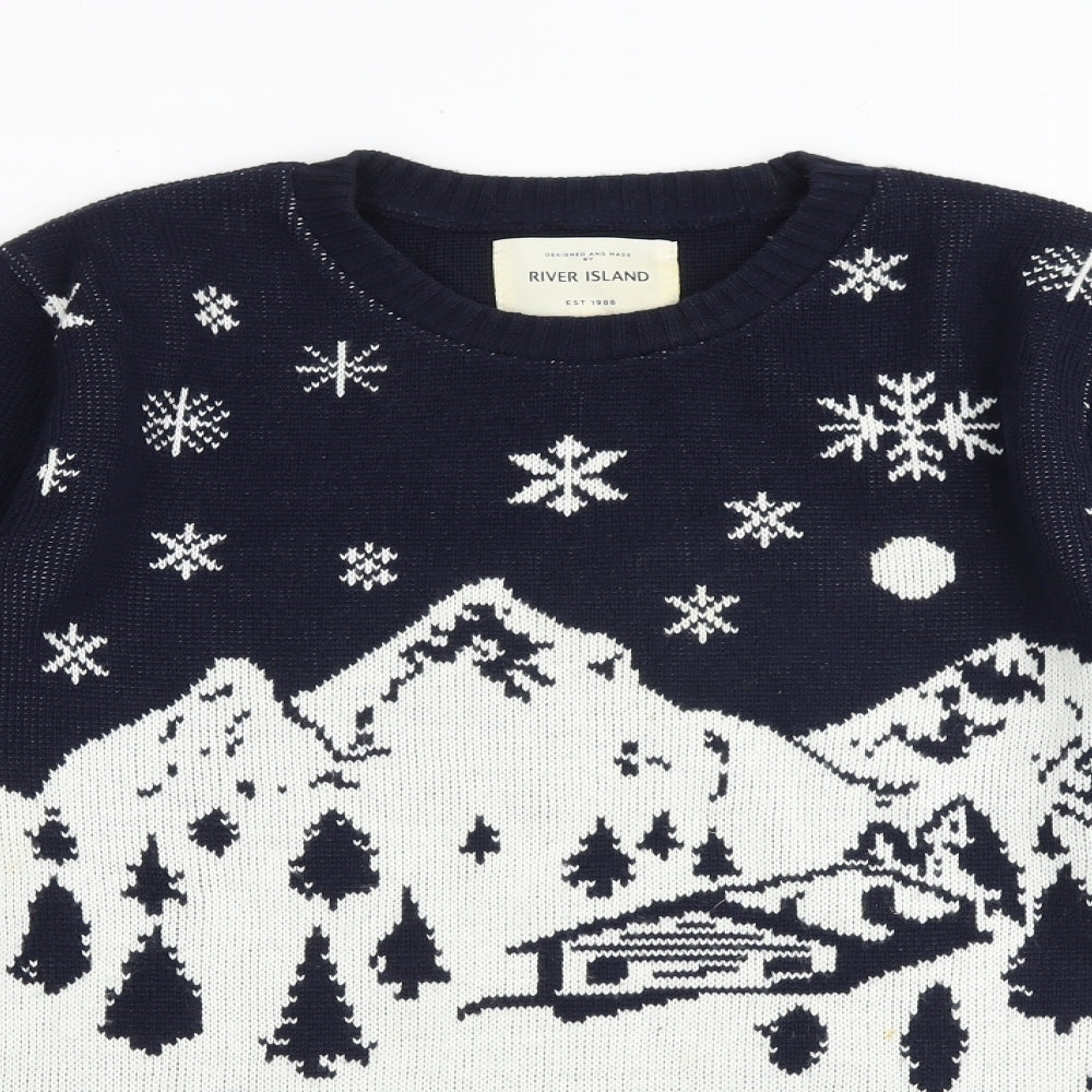 River Island Mens Blue Round Neck Acrylic Pullover Jumper Size L Long Sleeve - Snow Cabin