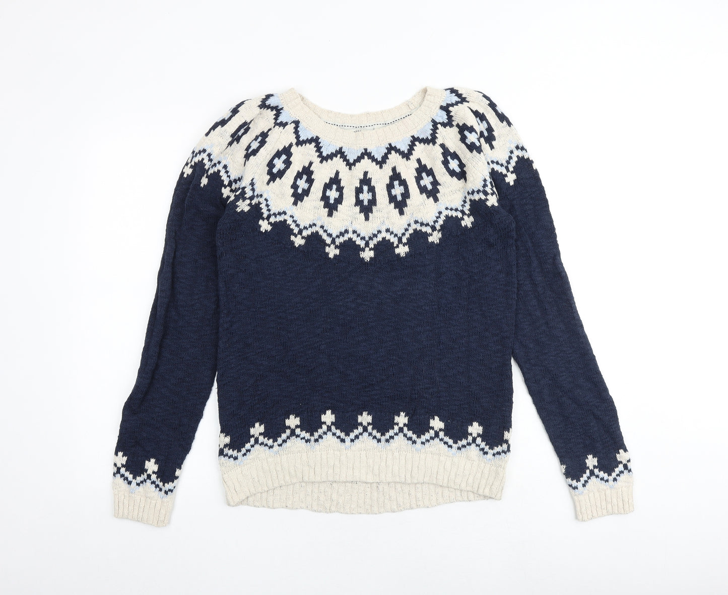 Fat Face Womens Blue Round Neck Geometric 100% Cotton Pullover Jumper Size 14