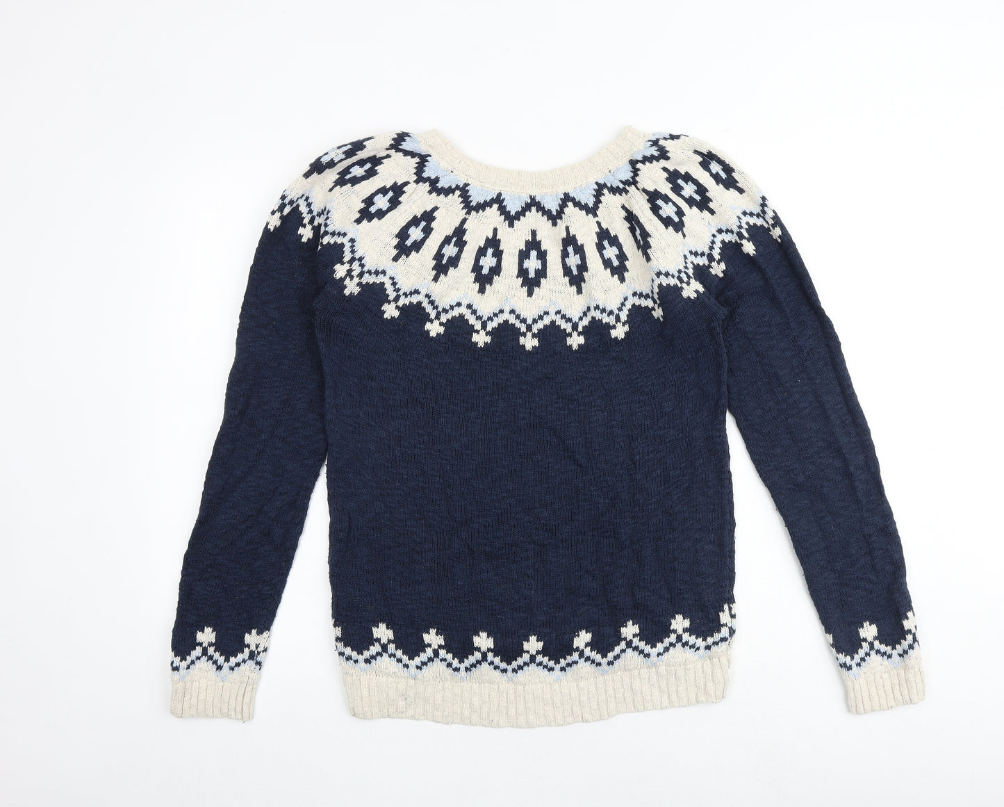 Fat Face Womens Blue Round Neck Geometric 100% Cotton Pullover Jumper Size 14