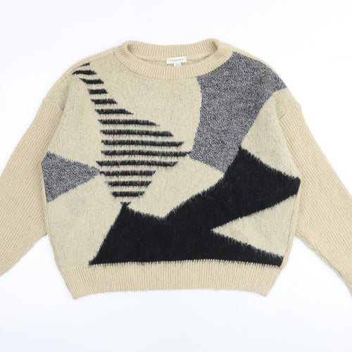 Topshop Womens Brown Round Neck Geometric Acrylic Pullover Jumper Size L