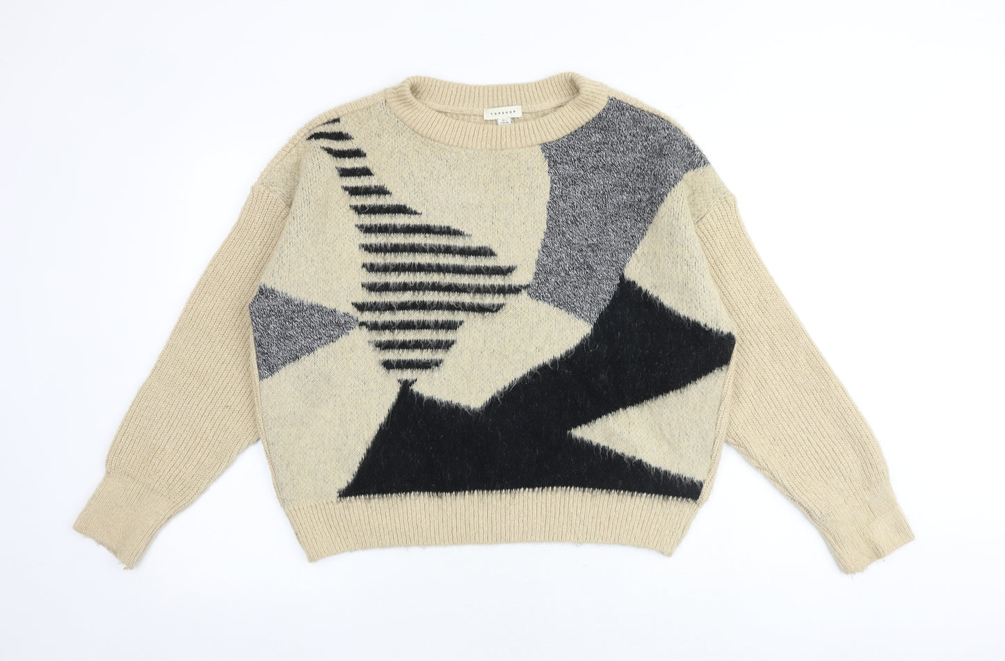 Topshop Womens Brown Round Neck Geometric Acrylic Pullover Jumper Size L
