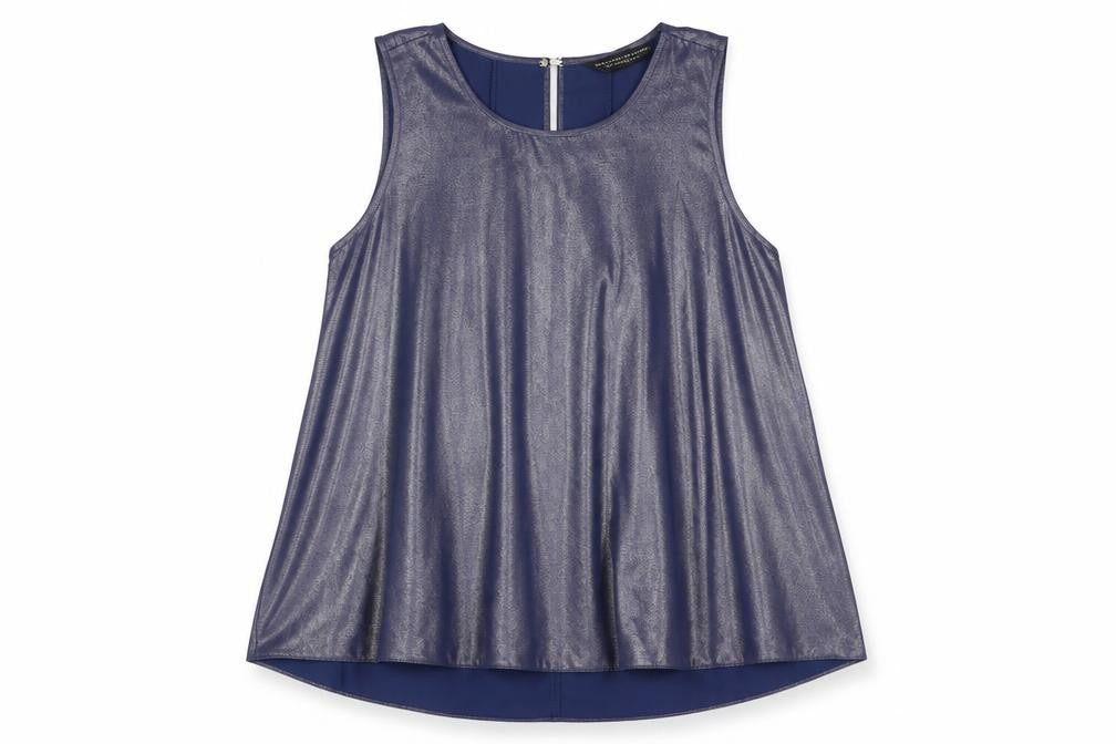 Front view of Dorothy Perkins women’s blue polyester basic tank, size UK 12, round neck