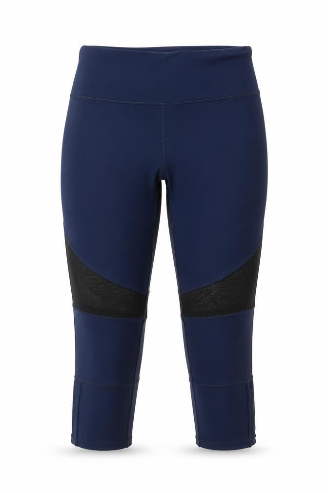 Front view of RBX women’s blue polyester compression leggings, size M, regular pullover - mesh panels