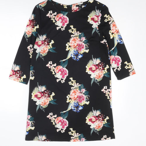 H&M Womens Black Floral Cotton Shift Size S Boat Neck Zip