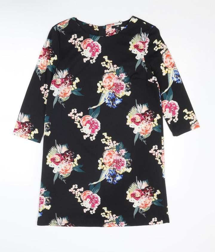 H&M Womens Black Floral Cotton Shift Size S Boat Neck Zip