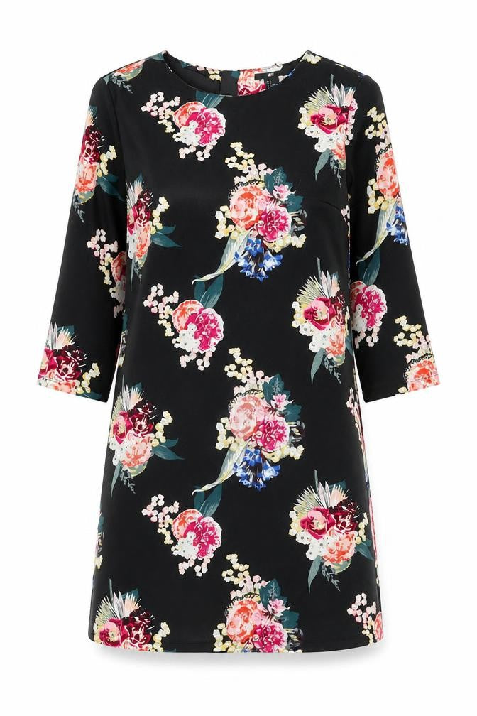 Front view of H&M women’s black floral cotton shift, size S, boat neck zip