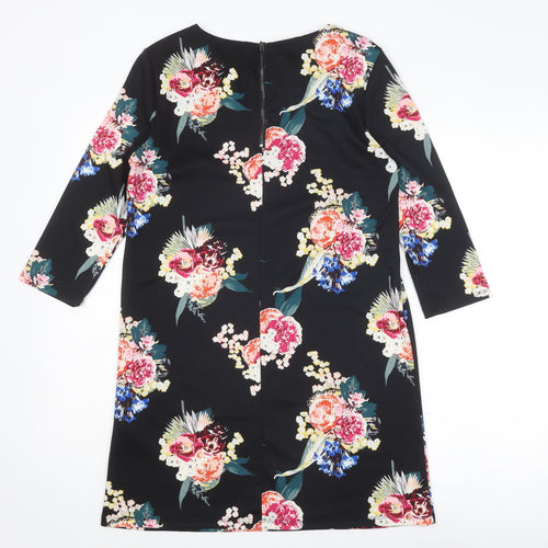 H&M Womens Black Floral Cotton Shift Size S Boat Neck Zip