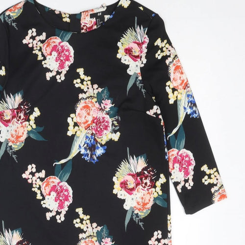 H&M Womens Black Floral Cotton Shift Size S Boat Neck Zip