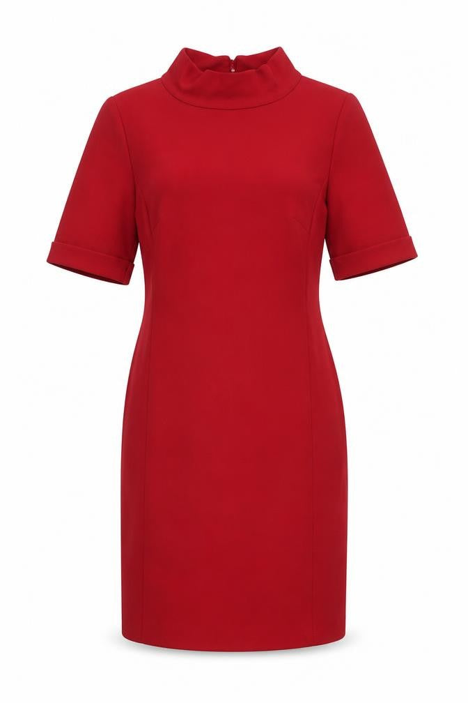 Front view of East women’s red polyester sheath, size UK 12, mock neck zip