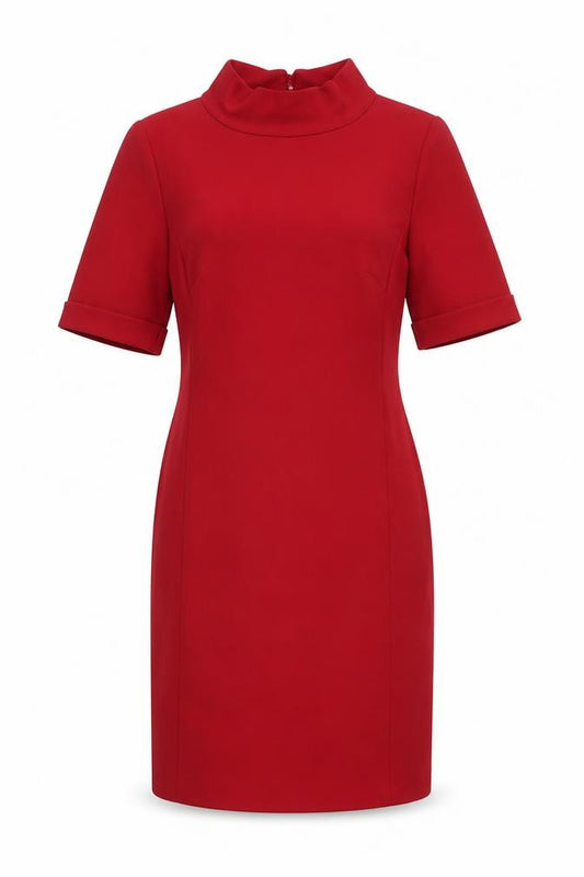 Front view of East women’s red polyester sheath, size UK 12, mock neck zip