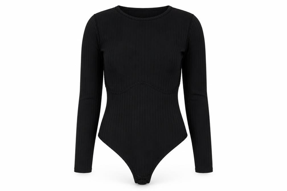 Front view of PRETTYLITTLETHING women’s black polyester bodysuit one-piece, size UK 6, snap