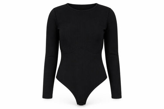 Front view of PRETTYLITTLETHING women’s black polyester bodysuit one-piece, size UK 6, snap