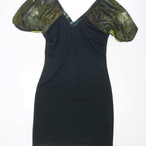 St-Martins Womens Black Polyester Shift Size S V-Neck Zip