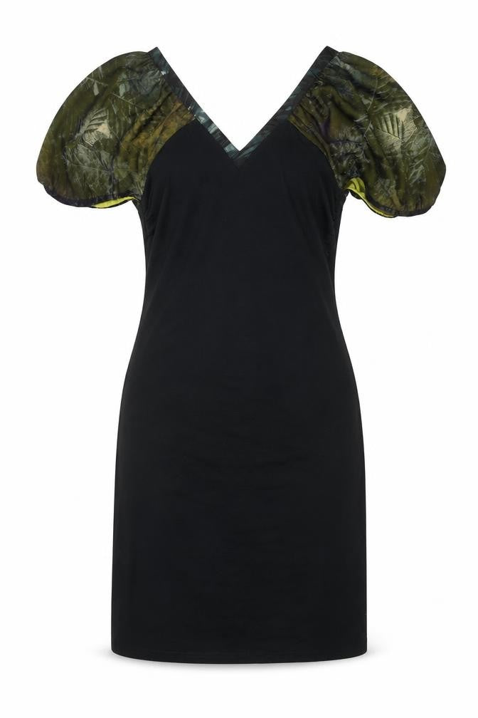 Front view of St-Martins women’s black polyester shift, size S, v-neck zip