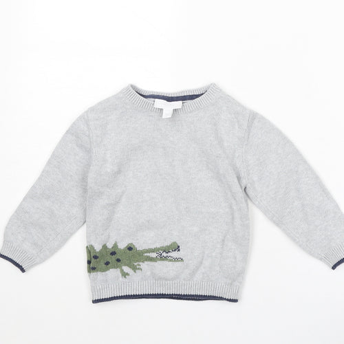 The White Company Boys Grey Round Neck Cotton Pullover Jumper Size 2-3 Years Pullover - Crocodile