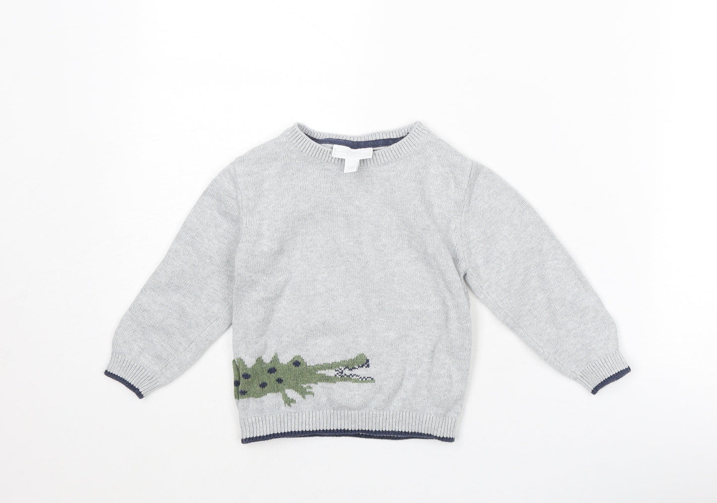 The White Company Boys Grey Round Neck Cotton Pullover Jumper Size 2-3 Years Pullover - Crocodile