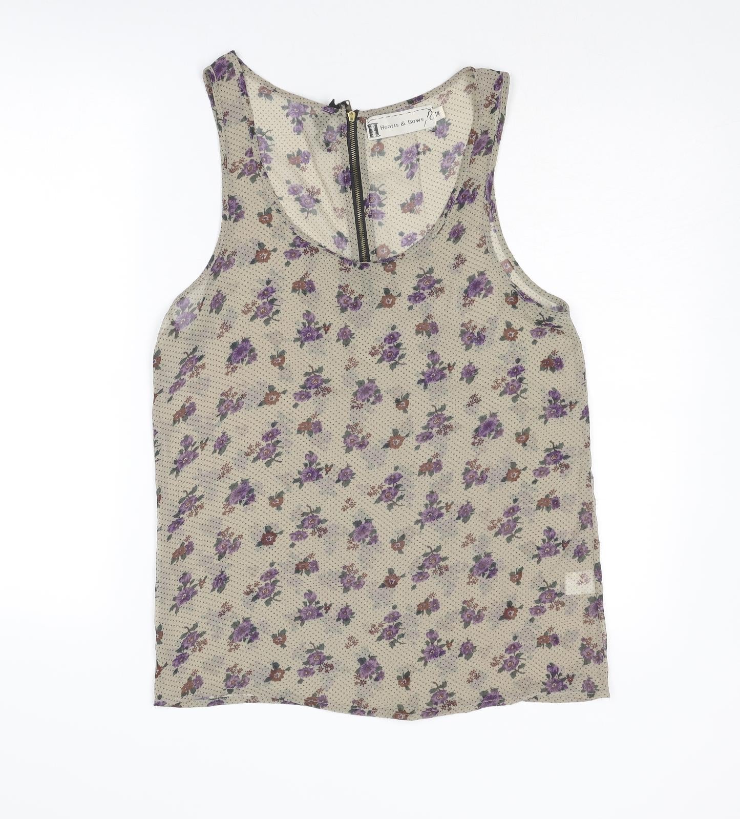 Hearts & Bows Womens Beige Floral Polyester Basic Tank Size 14 Scoop Neck